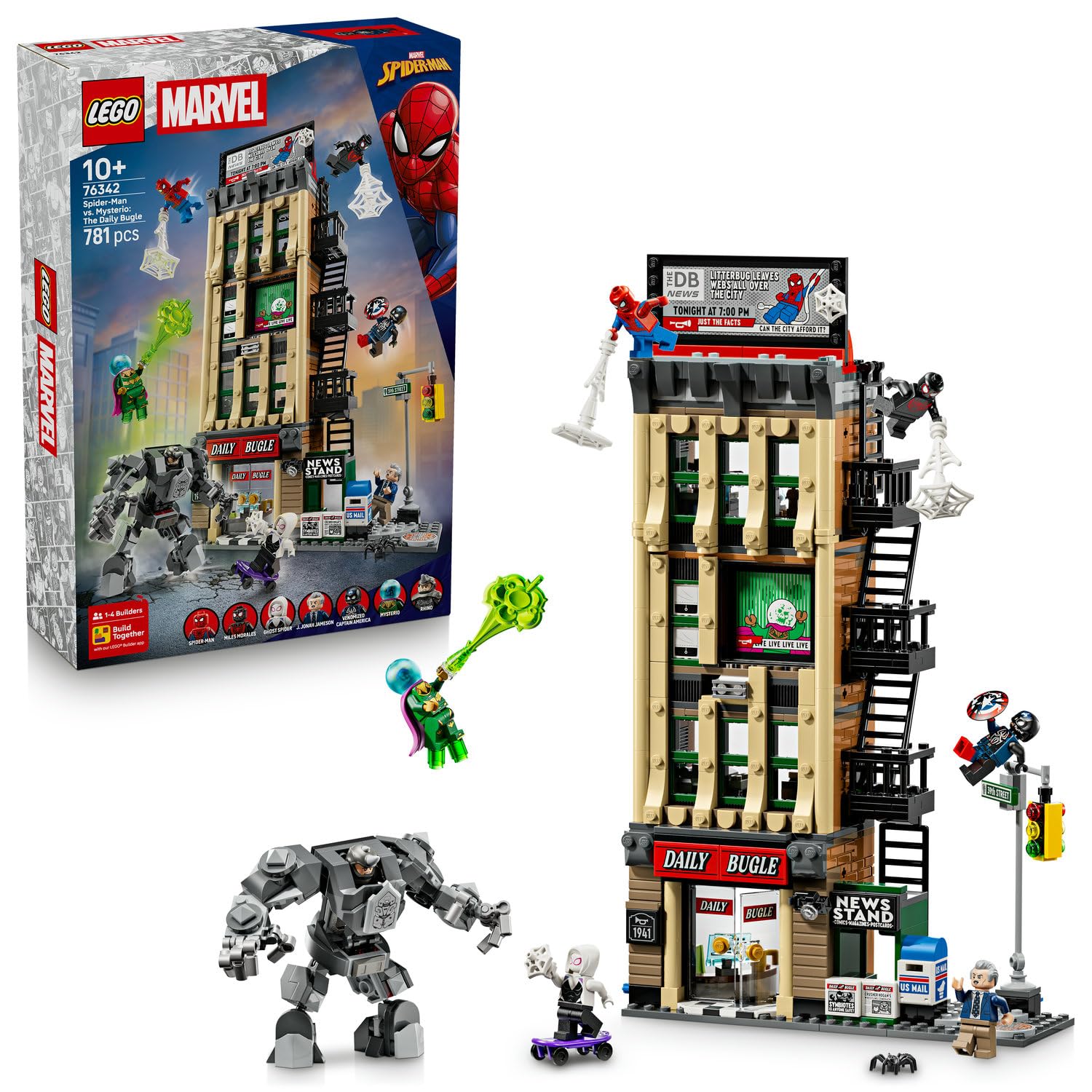 LEGO Marvel Örümcek Adam Mysterio'ya Karşı: Daily Bugle 76342-10 Yaş ve Üzeri Çocuklar için 7 Minifigür ile Kaptan Amerika'nın Kalkanını İçeren Yaratıcı Oyuncak Yapım Seti, Hediye Fikri (781 Parça)