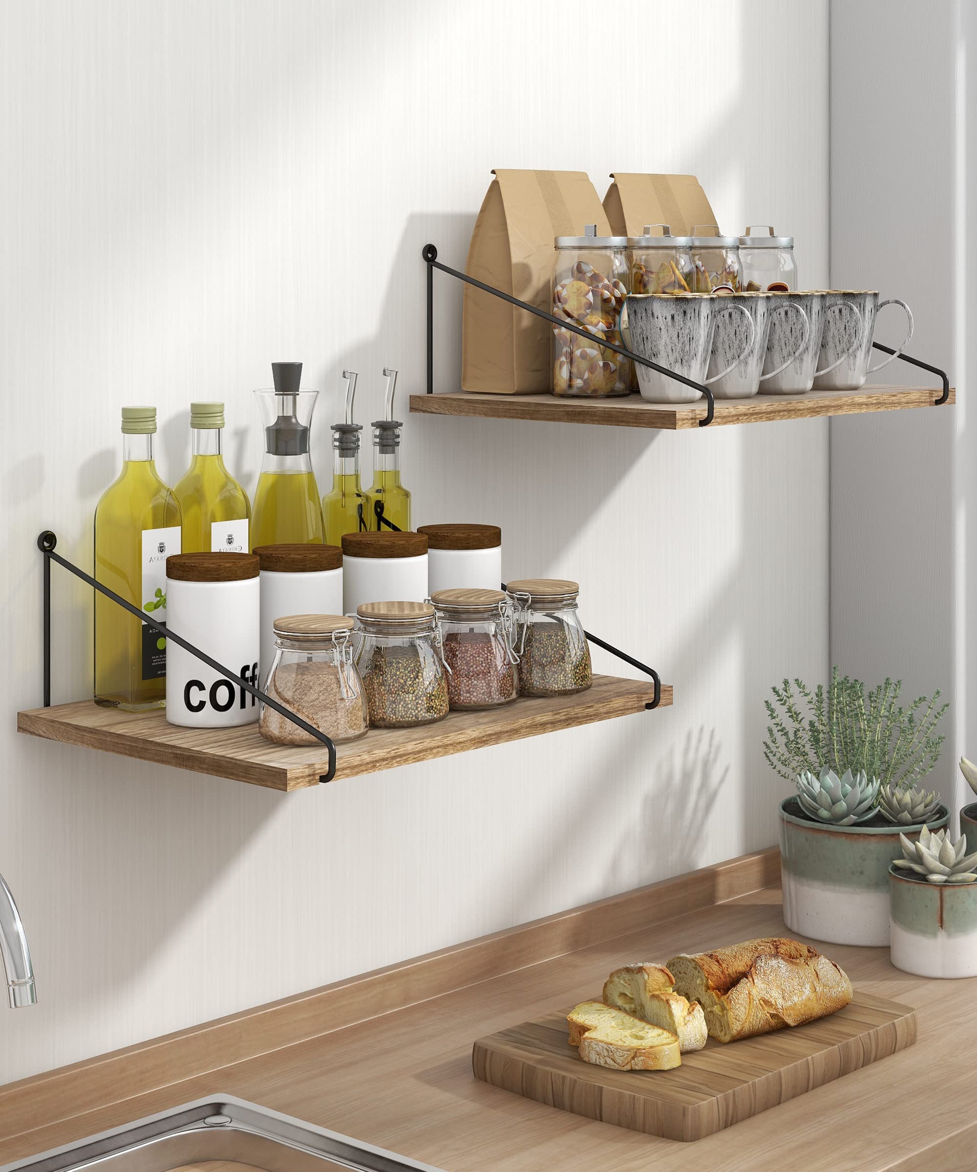 Afuly Mensole da Muro Legno Nere Metallo 42x30 cm Moderne Rustico Design Cameretta Bagno Cucina Home Decor, Set di 2