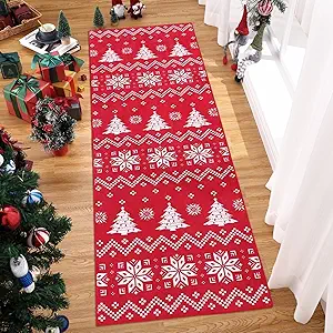 Christmas Area Rug 2x6 Washable Mats Entry Rug for Living Room Bedroom Dining Room Easy Care Indoor Floor,Red
