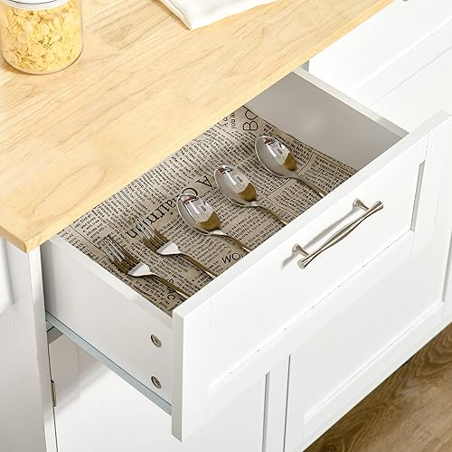 Miniatura 8 de HOMCOM Isla de cocina moderna de 41 pulgadas con ruedas, carrito de almacenamiento con parte superior y cajones de madera de caucho, color blanco