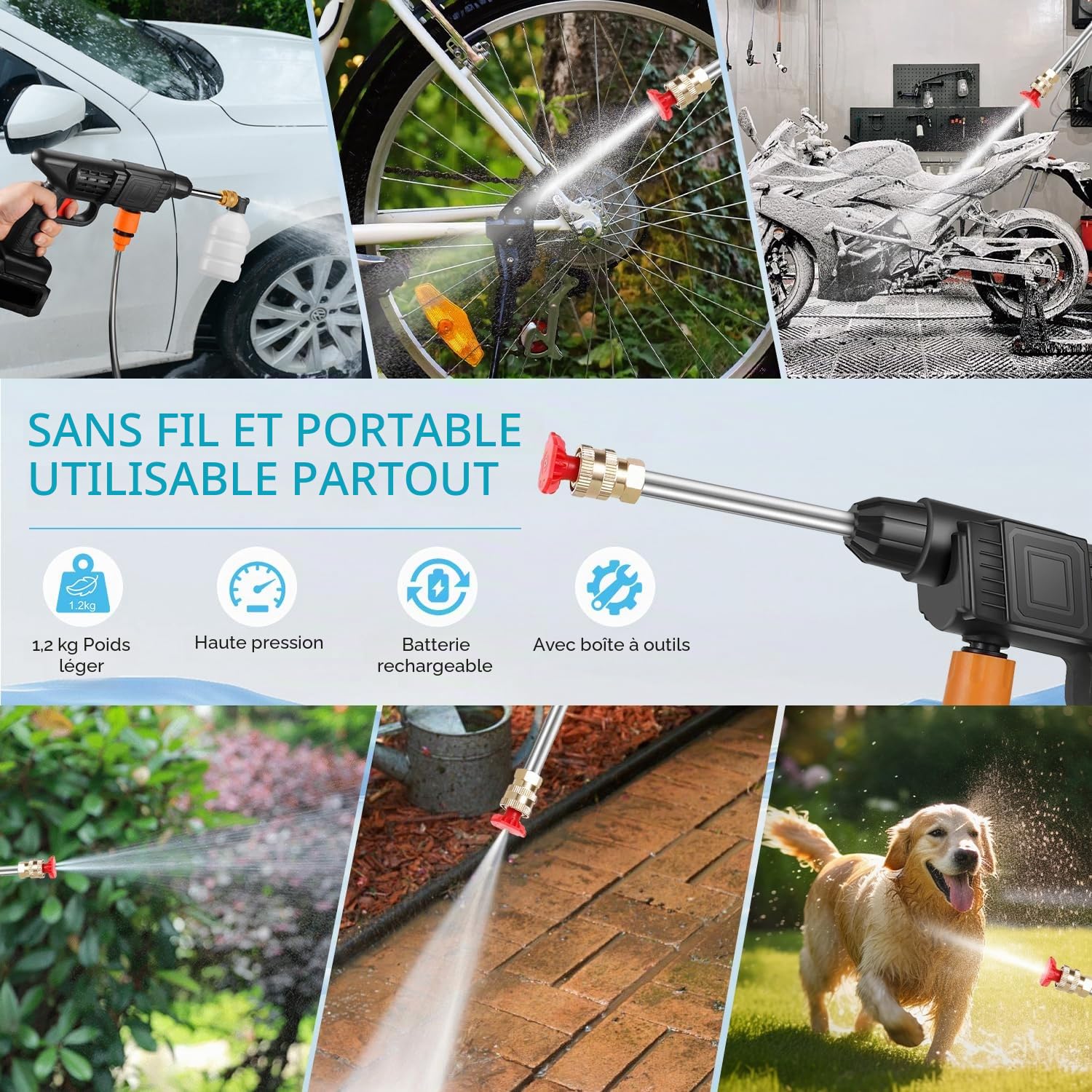 Nettoyeur Haute Pression sans Fil Portable Max 90 Bar avec 2 Batteries, Buse Multi-pulvérisation 6 en 1, Tuyau de 5M, Lance D'extension, Outil de Nettoyage de Voiture en Plein Air pour Jardin