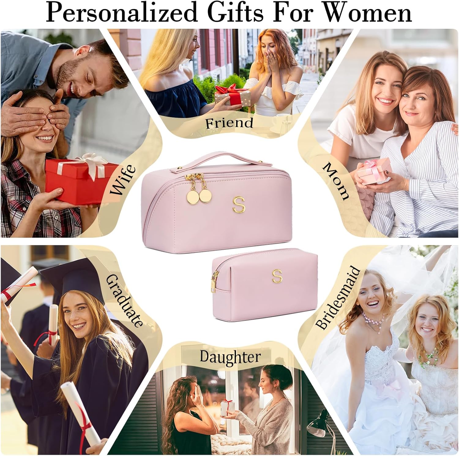 Birthday Gifts for Women Teen Girl, Personalized Initial Makeup Organizer Bag Set, Open Flat Travel Cosmetic Bag With Clear Divider and Handle(Pink,S) - Image 2