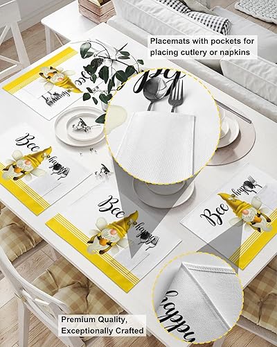 Miniatura 2 de Spring Bee - Juego de 4 manteles individuales de gnomo para mesa de comedor, tela de lino de algodón con bolsillo, arpillera cuadrada, rectangular,