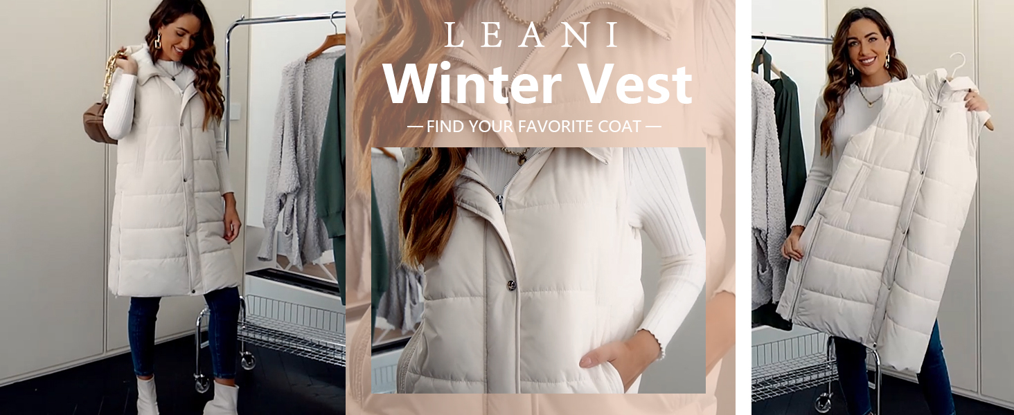 LEANI Womens 2025 Long Puffer Vest Full-Zip Hooded Sleeveless Down