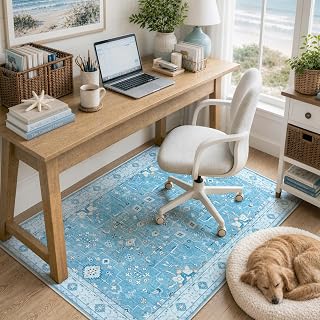 36"x48" Office Chair Mat for Hardwood Floor, Washable Non-Slip Protector | Coastal Blue Home Office Rug for Hard Floors/Tile, Under Desk Rug for Rolling Computer Gaming Chairs, Machine Low Pile Carpet
