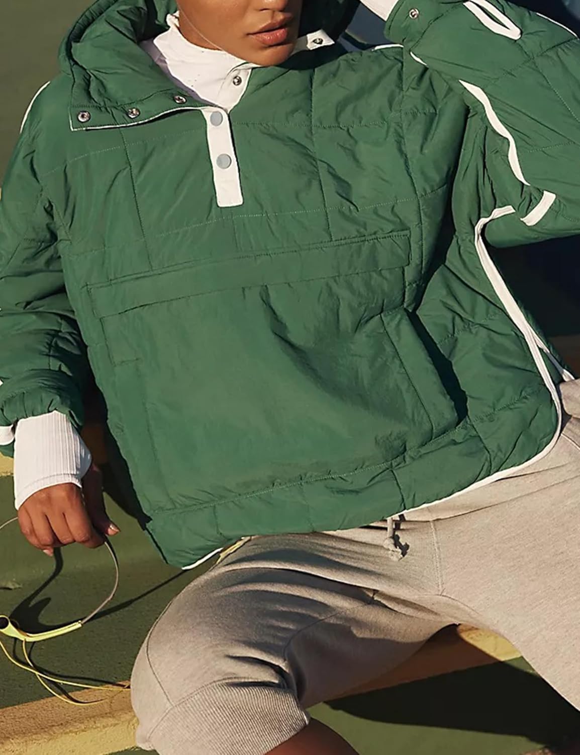 Wanzetaly Womens Quilted Pullover Puffer Jacket Oversized Lightweight Hooded Padded Coat Tops with Pocket - Image 3