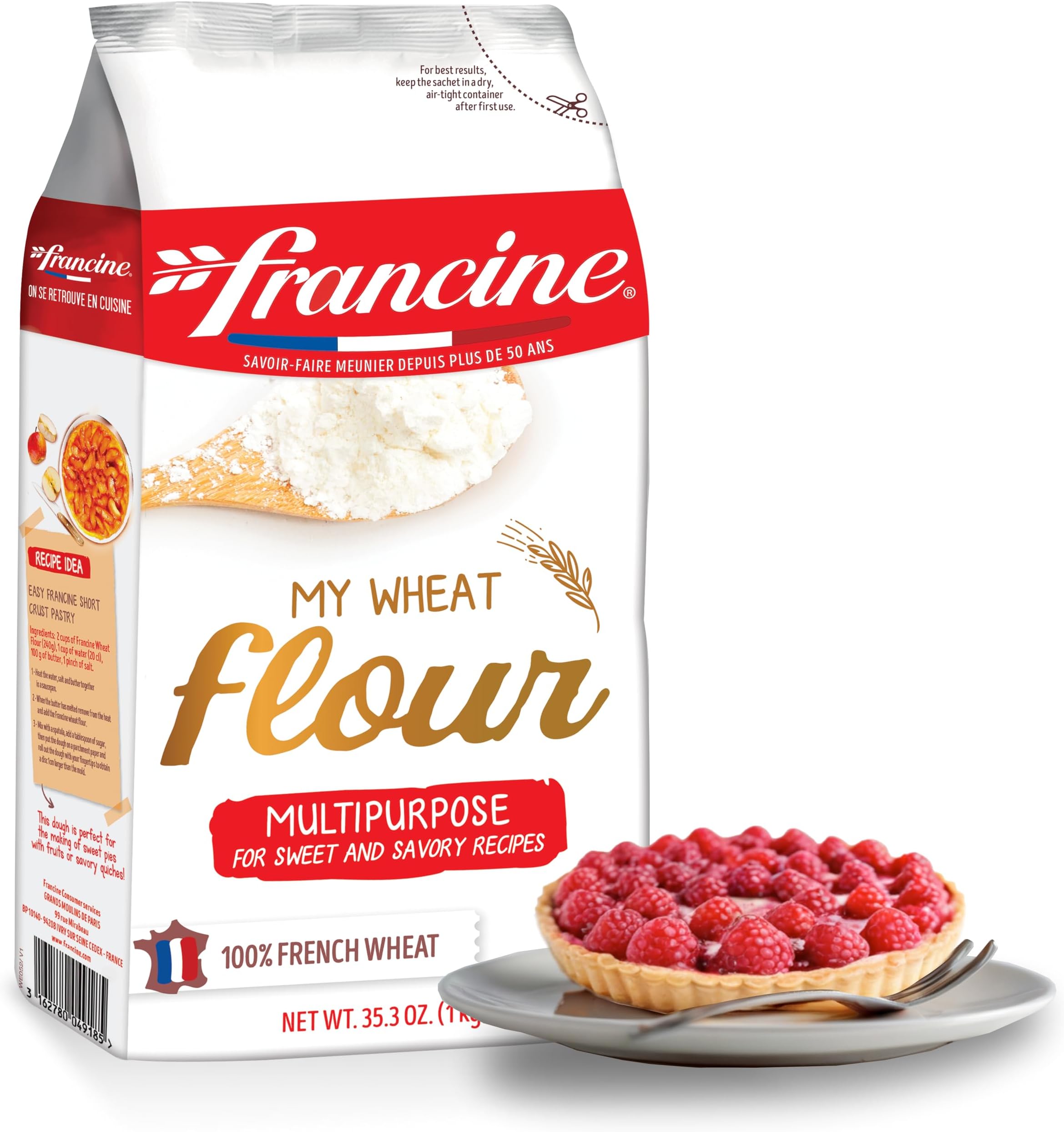 Francine Wheat Flour, T55 French Flour from France with Lower Gluten Content, Makes Great Breads, Pastries and Desserts, 35.3oz/1 kg (Pack of 4)