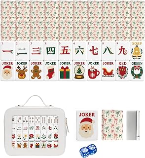160 Christmas American Mahjong Tile Set with Travel Case, Gifts for Women | Santa Festive Red Green Bow Cream Large Acrylic Engraved Mahjong Tiles for Game Nights
