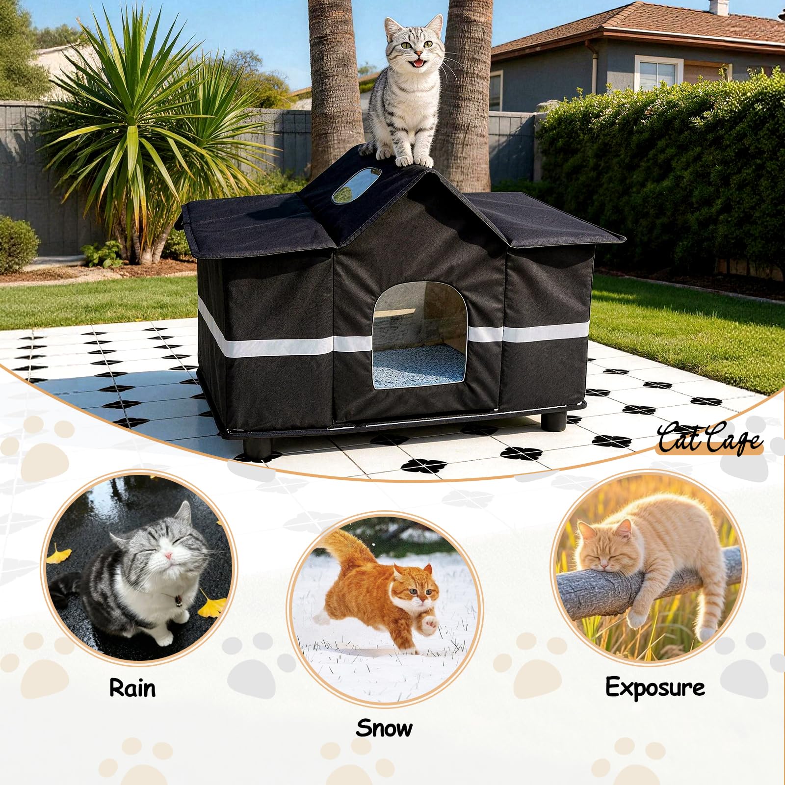 Katzenhaus Outdoor Winterfest, Wetterfeste Katzenhöhle für Draußen mit Weicher Matte und Basis, Isoliert und Wasserdicht, Katzenhütte für Winter, Geeignet für Katzen und Kleintiere, Schwarz
