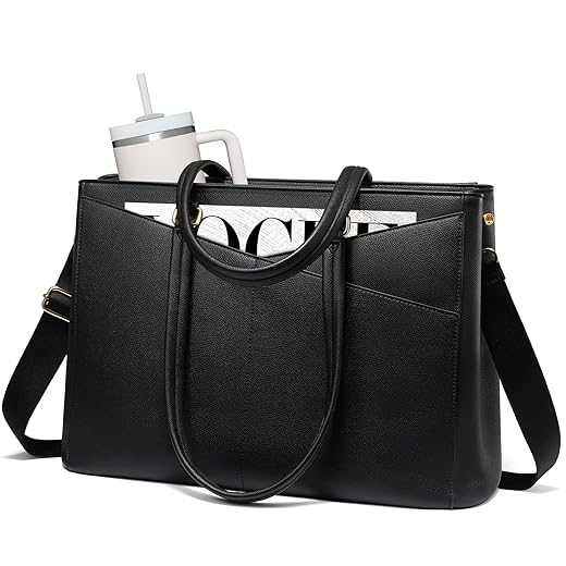 LOVEVOOK Laptop Tote Bag for Women 15.6 Inch Leather Work Bags with Large Cup Holder for Teacher Work Business,Black
