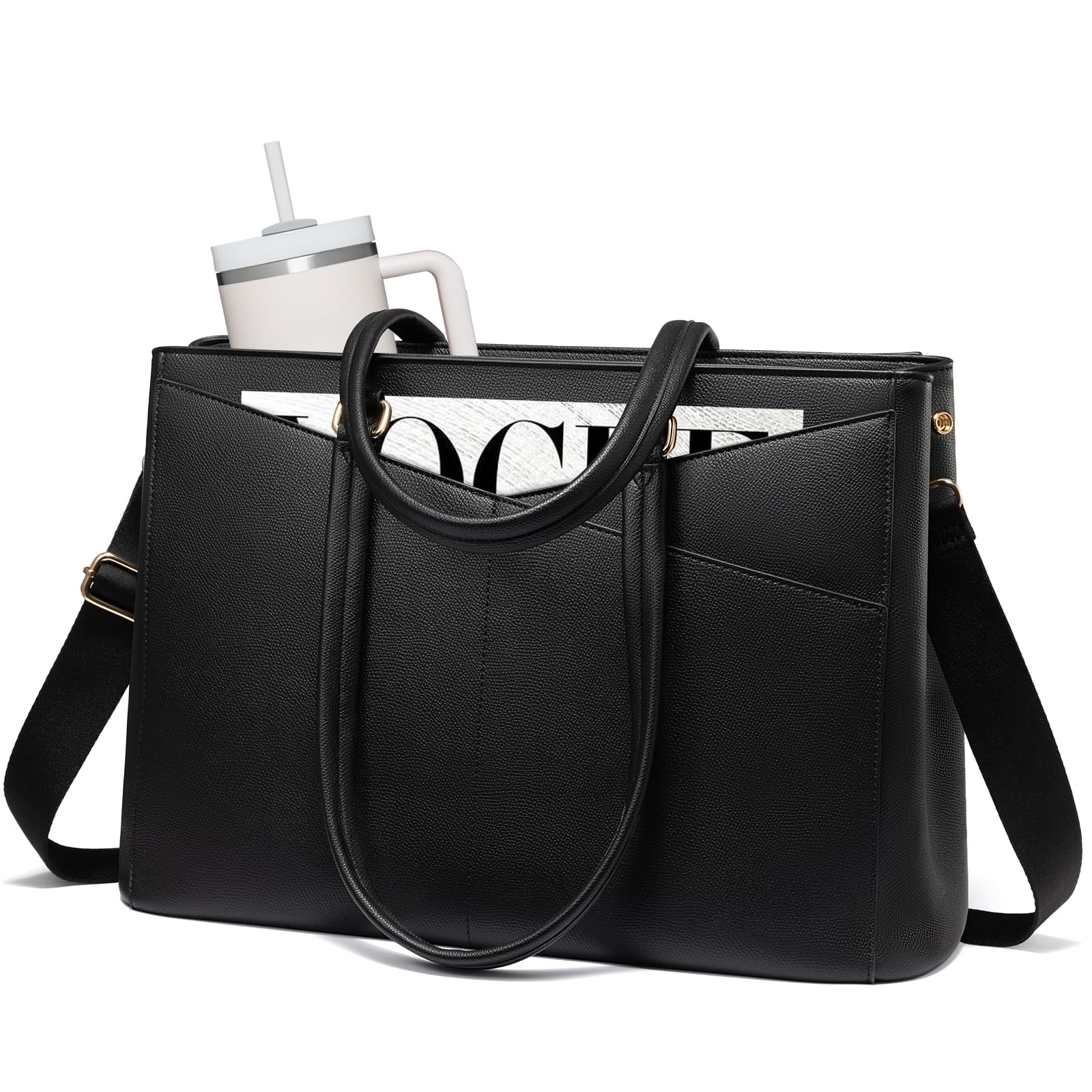 Photo 1 of LOVEVOOK Laptop Tote Bag for Women 15.6 Inch Leather Work Bags with Large Cup Holder for Teacher Work Business,Black