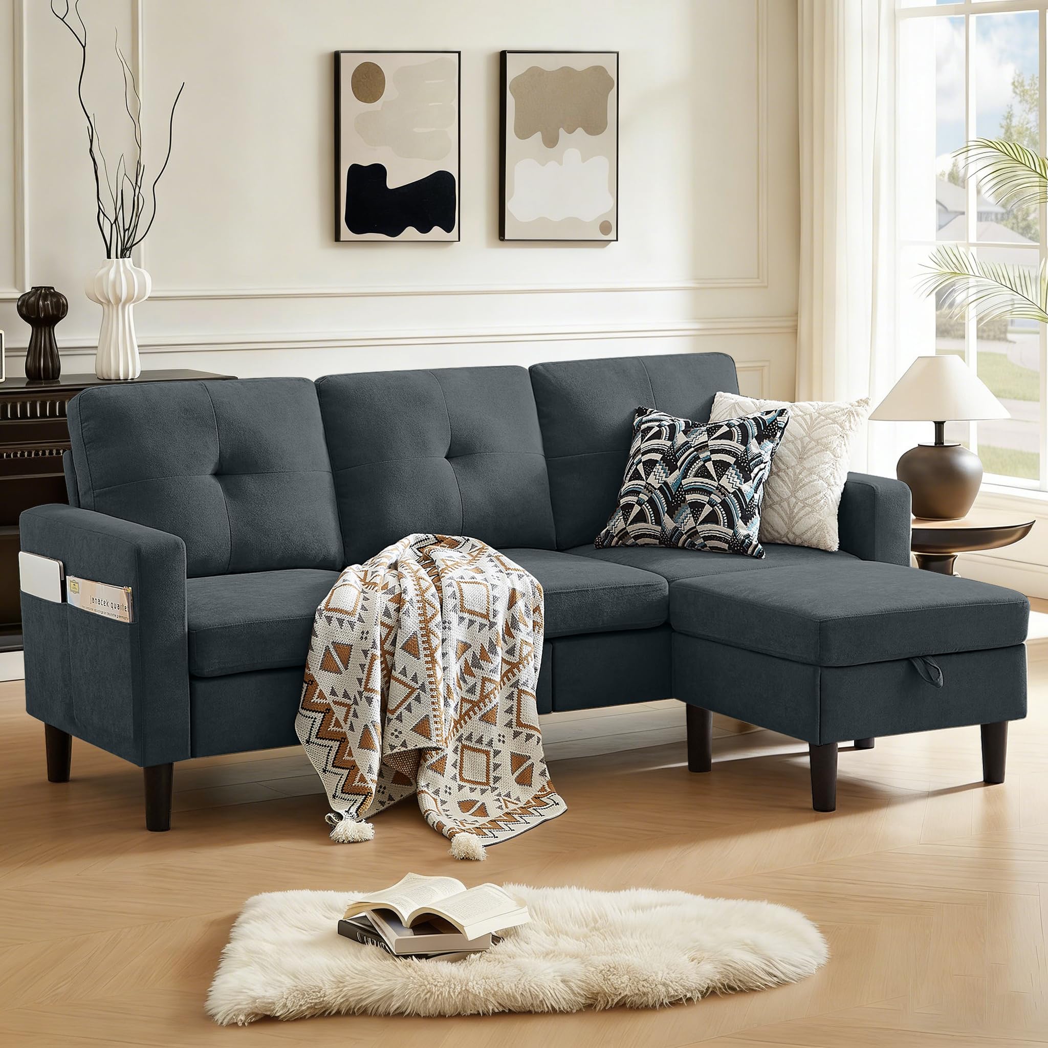 80" Convertible Sectional Sofa Couch with Movable Ottoman, 3 Seats Sectional Sofas L Shaped Couch for Small Spaces, Soft Fabric Couch for Living Room (Dark Grey)