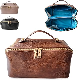 Large Capacity Travel Cosmetic Bag, Multifunctional Storage Makeup Bag PU Leather Makeup Bag, with Handle and Divider Travel Cosmetic Bags for Women, Brown, Fashion