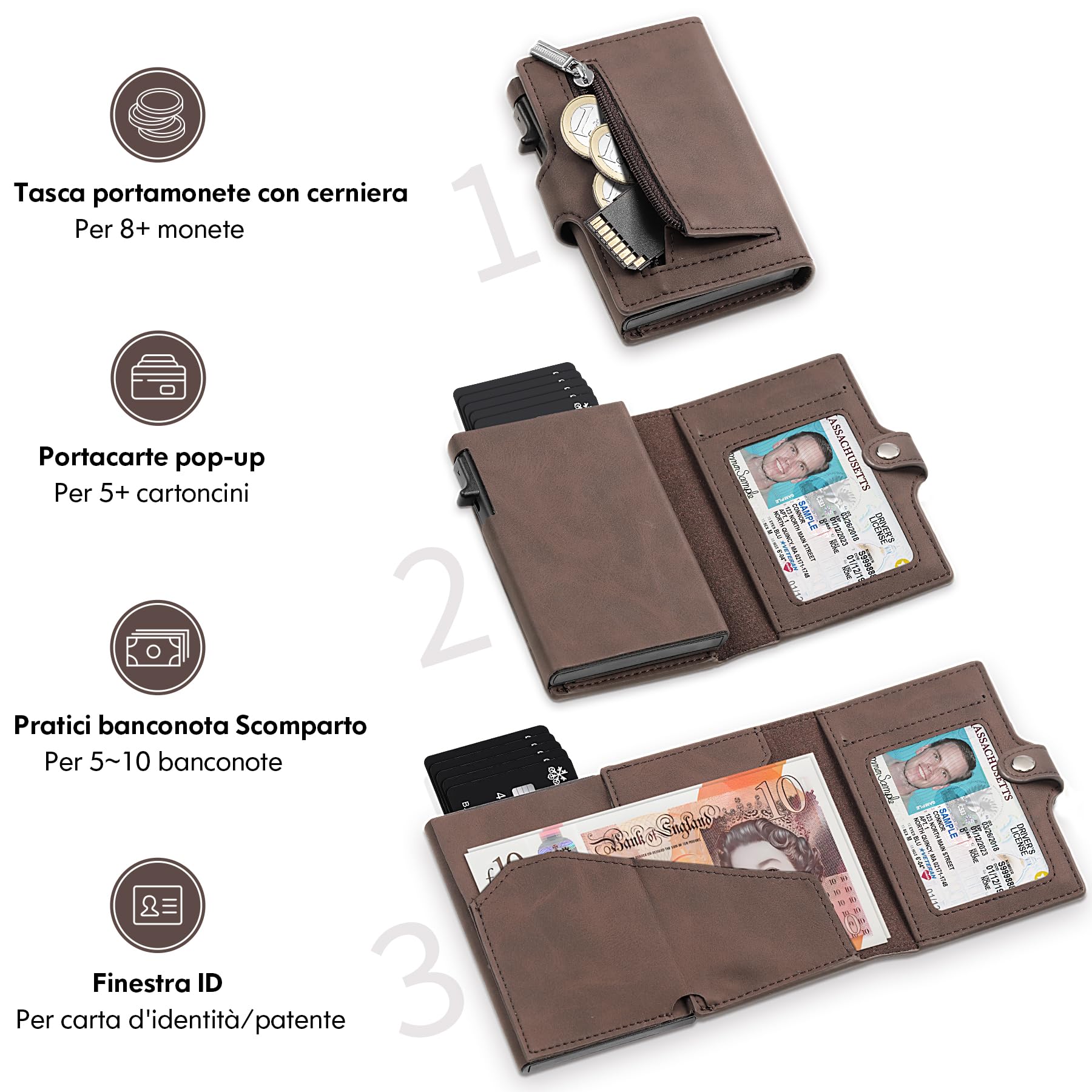 TENBST Portafoglio Uomo Slim, Piccolo Pelle Portamonete, RFID Porta Carte di Credito Uomo, Portatessere Anticlonazione con Bottone, Marrone, Box Regalo