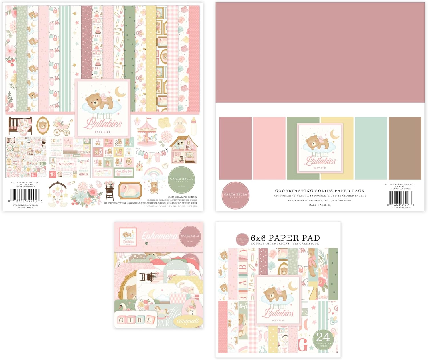 Carta Bella Little Lullabies Baby Girl Classic Bundle - Art Craft Kit with Collection Kit, Solids Kit, Ephemera, and 6x6 Paper Pad