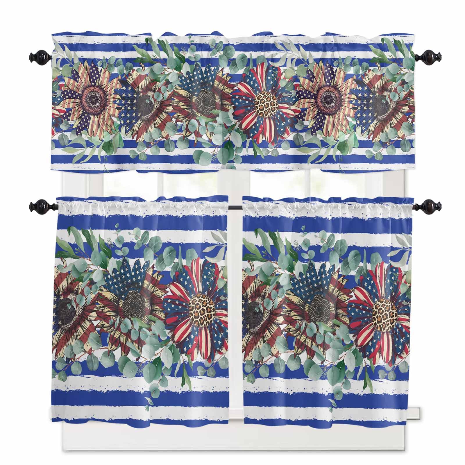 4th of July Kitchen Curtains 36 Inch Length,3 Piece Rod Pocket Small Half Tiers and Valance Set,Independence Day Star Botanical Blue Striped Small Large Window Treatment Decor for Bedroom/Bathroom