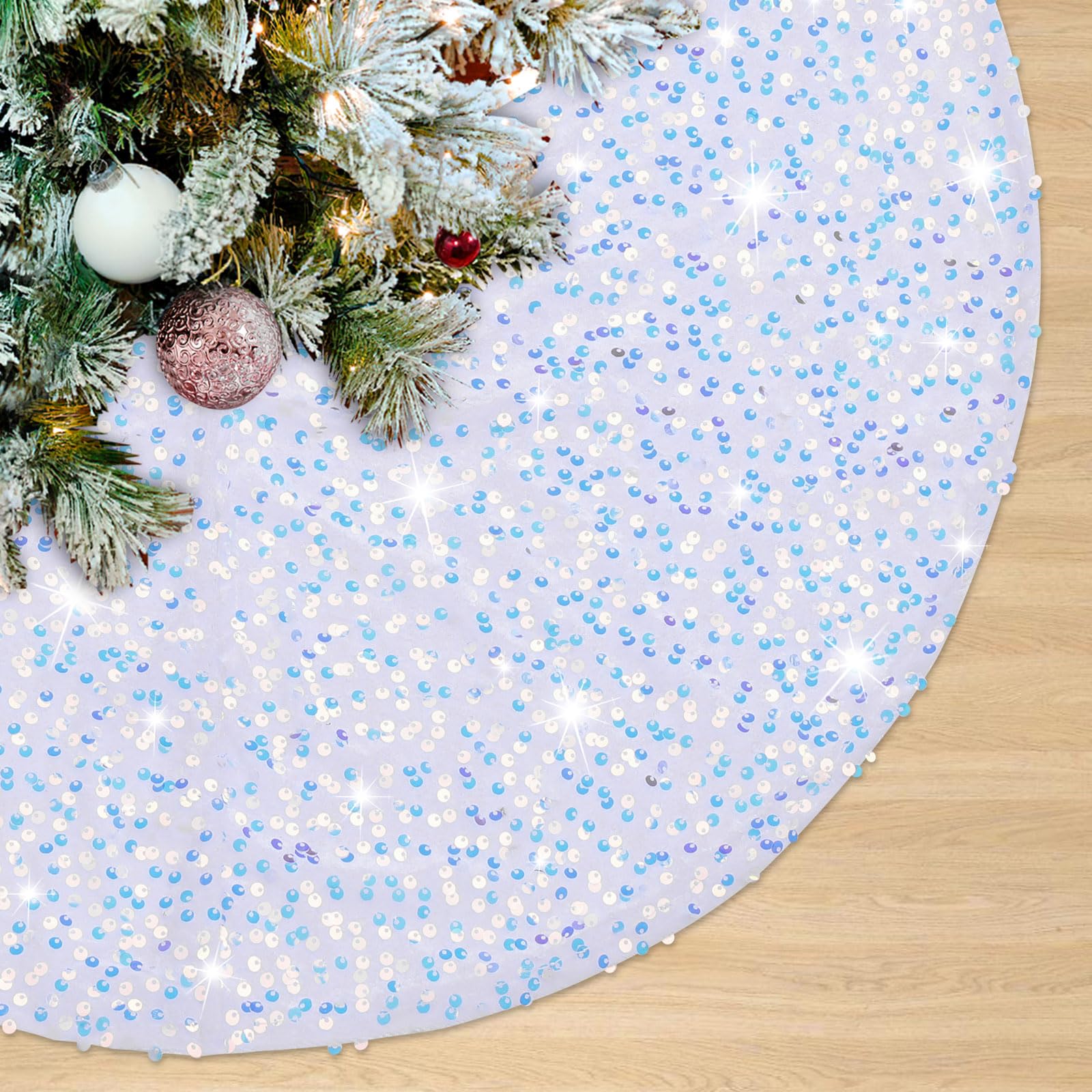 Gonna per albero di Natale con paillettes, 122 cm, rotonda, in velluto, con paillettes bianche iridescenti glitterate, per decorazioni dell'albero di Natale