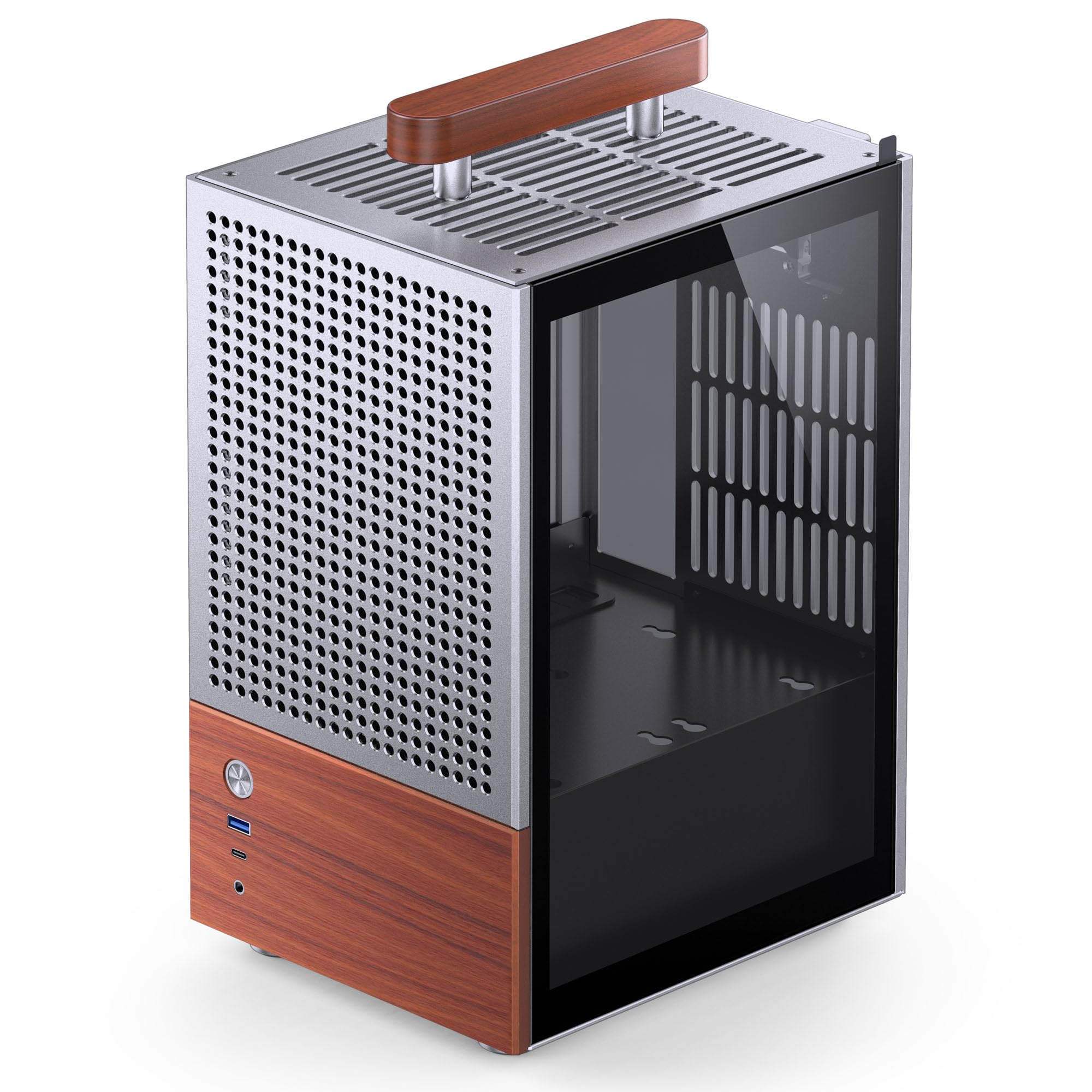 Jonsbo T6 Mini-ITX PC-Gehäuse – Silber, Tempered Glass & Holzgriff, Aluminium & Stahl, kompaktes Mini-Tower Case