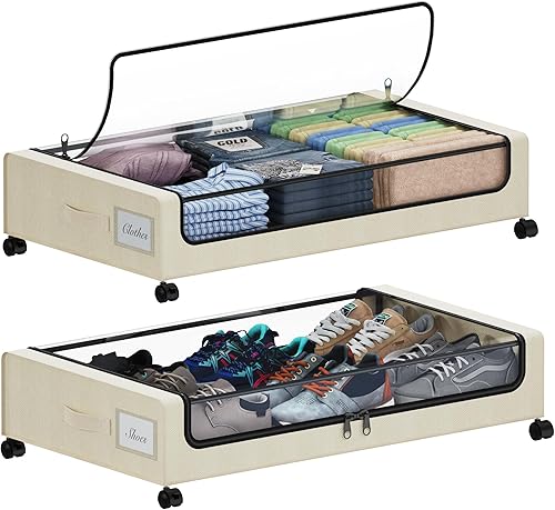 Almacenamiento debajo de la cama con ruedas, XXL 60 L debajo de la cama, contenedores de almacenamiento debajo de la cama con tapas y etiqueta,