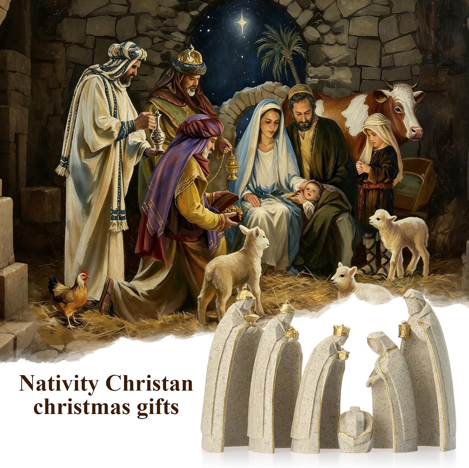 Nativity Scene Figurine Set, Resin, Holy Family with Three Wise Men, Stone Finish with Gold Accents, 6 Piece