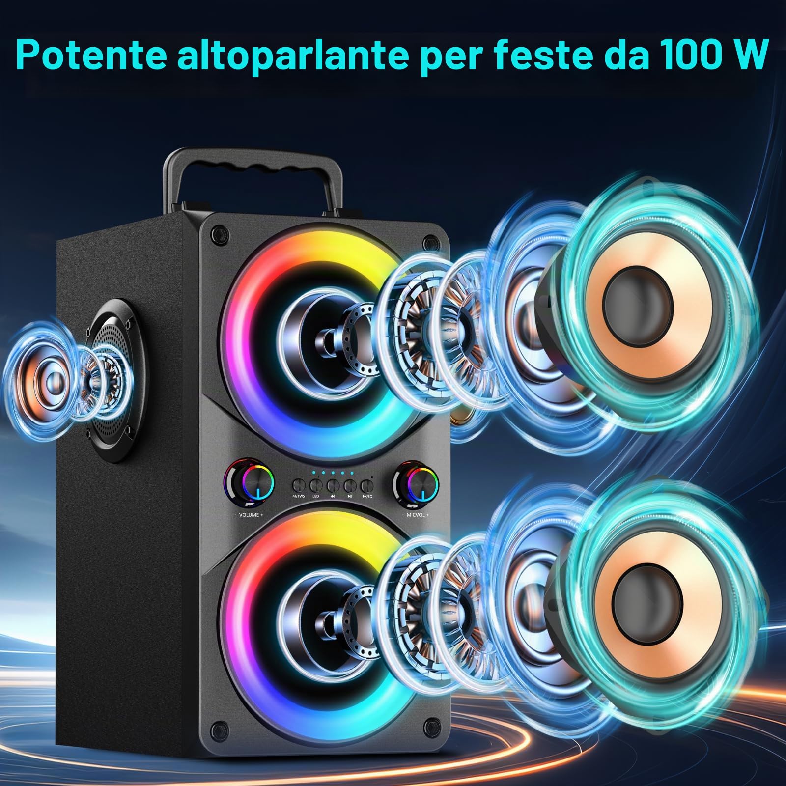Cassa Bluetooth Potente da 100W, Altoparlante Wireless con TWS Stereo, Bassi Profondi, Cassa Portatile da Festa con Subwoofer e Luci LED