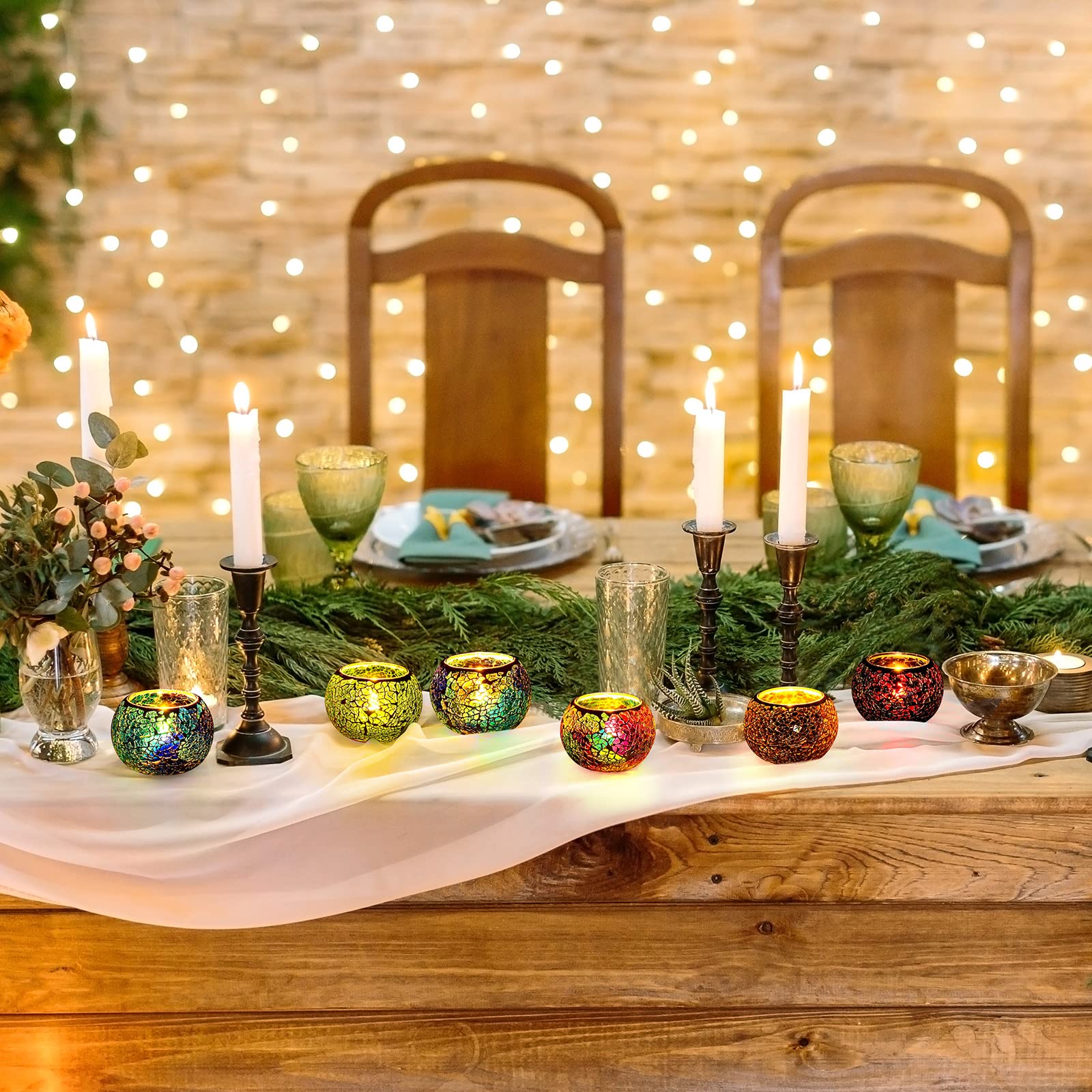 Bokon 12 Pcs Glass Mosaic Votive Candle Holders and LED Tea Lights Candles Set Romantic Tealight Centerpiece Flameless Battery Operated Tea Lights Table Decoration for Party Wedding