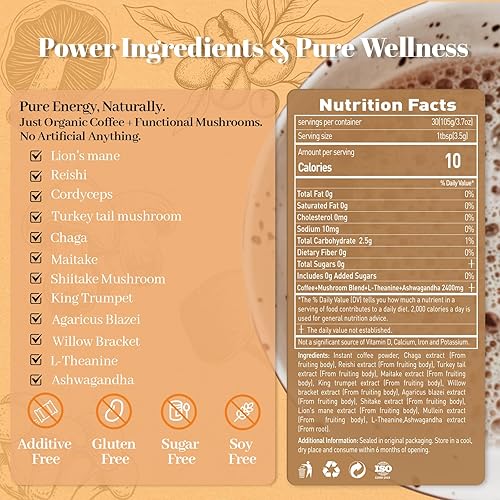Miniatura 2 de SUNDAFONE Café de hongos con L-teanina, Ashwagandha, melena de león, reishi y 10 hongos adaptogénicos mezcla de café helado de proteína súper