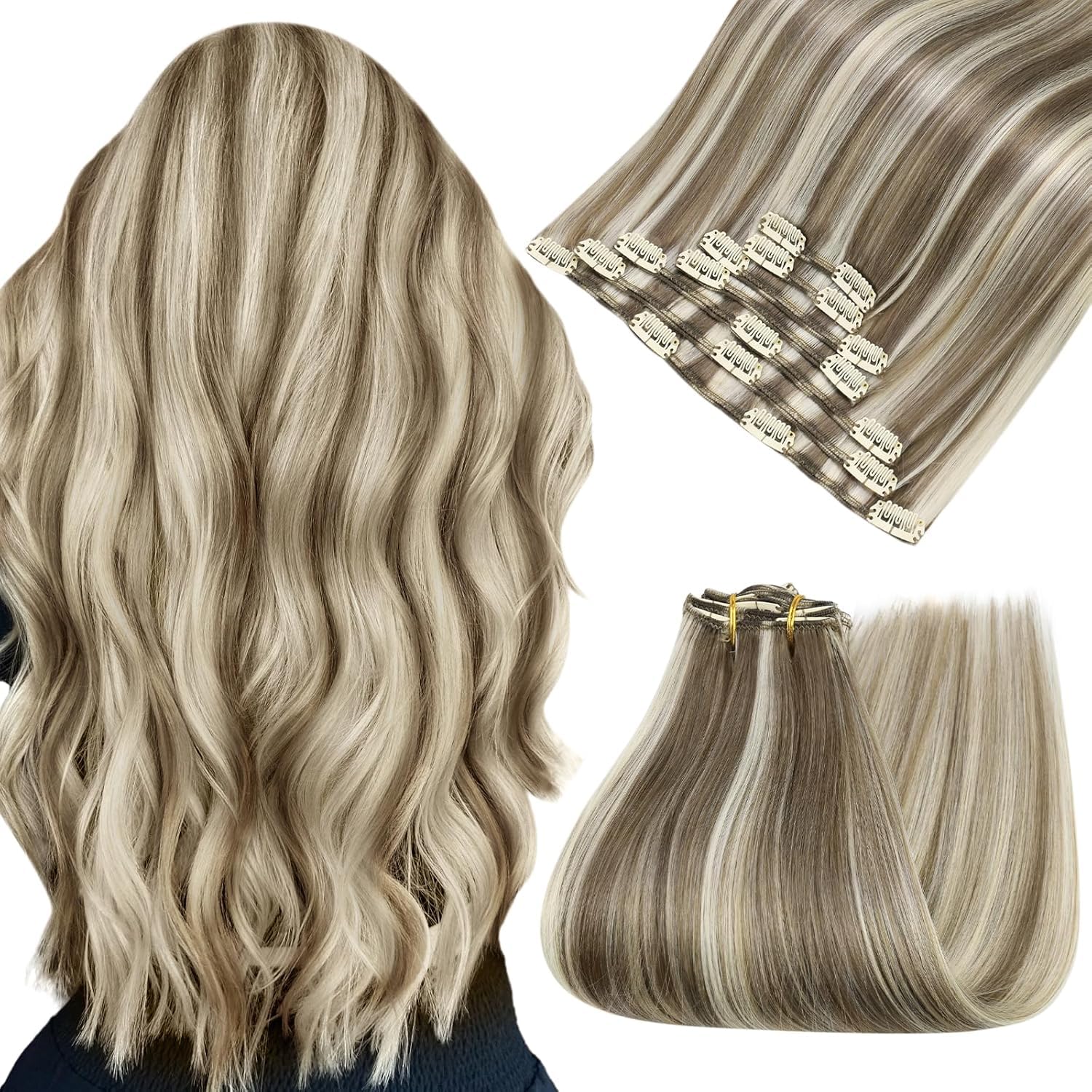 Easyouth Clip in Hair Extensions Real Human Hair Clip in Extensions Highlight Brown Mixed Platinum Blonde Clips in Extension Remy Human Hairs for Short 12Inch 7Pcs 70G #8P60