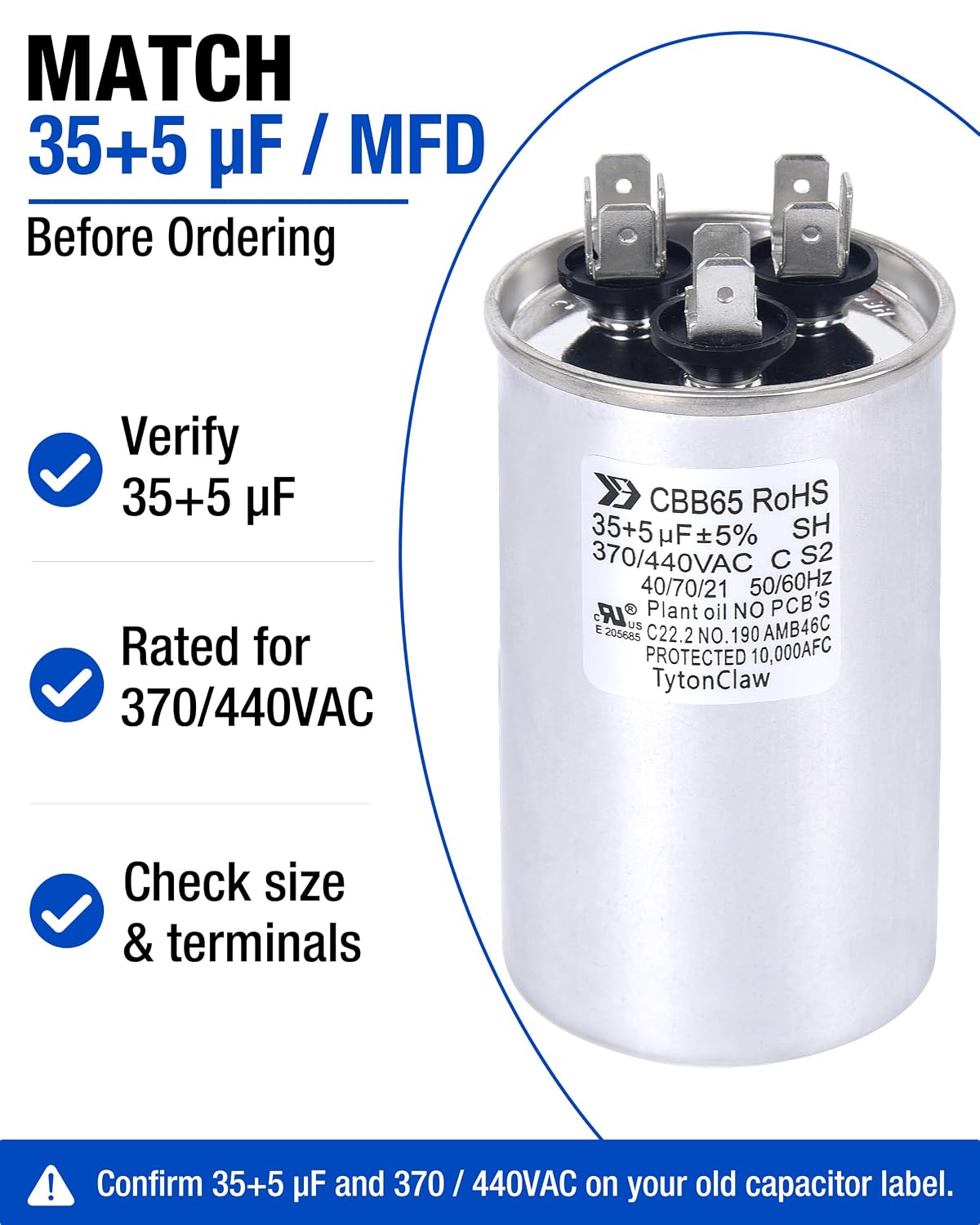 [UL Recognized] 35+5 µF 35/5 MFD ±5% Dual Run Capacitor for Condenser