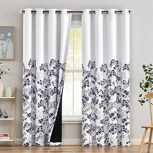 Metro Parlor - Cortinas florales estilo granja 100% opacas, 84 pulgadas de largo, 2 paneles para sala de estardormitorio, patrón púrpura gris,
