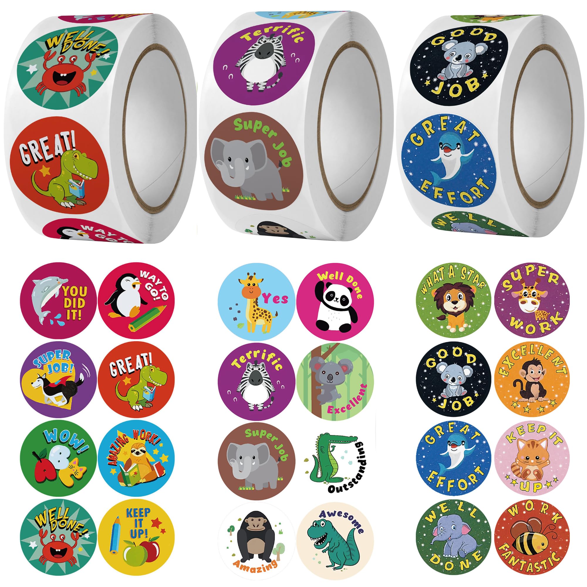 3 Rolls Reward Stickers for Kids Classroom 1500 Pcs Teacher Reward Sticker 24 Designs Motivational Stickers for Kids School Supplies