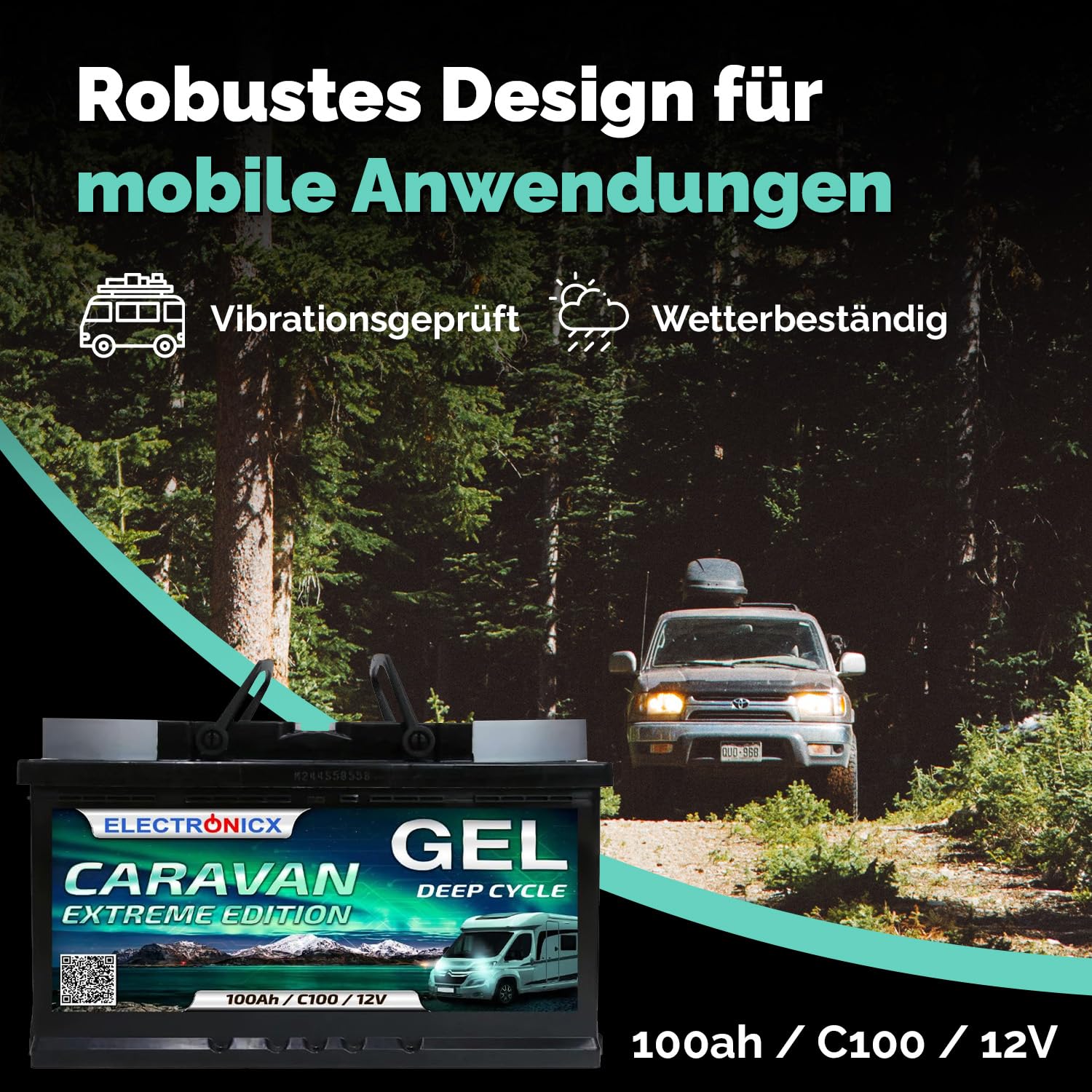 Electronicx CARAVAN EXTREME EDITION 100Ah / C100 / 12V GEL Versorgungsbatterie – 100 Ah – 12 Volt Batterie Wohnmobil, Van, Boot, Marine, Photovoltaik – wartungsfrei& robust- 278×175×190 mm