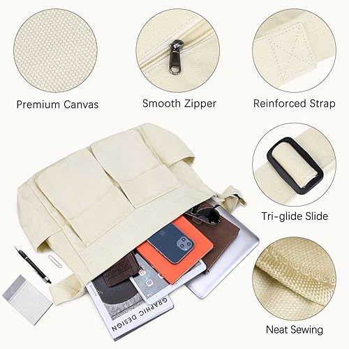 Miniatura 3 de JQWSVE Bolso bandolera de lona grande con múltiples bolsillos, bolsa de hombro de lona para mujeres y hombres