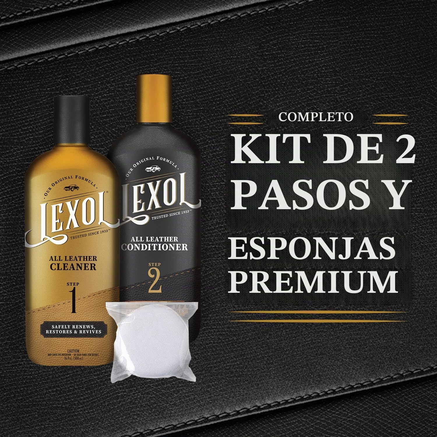 Lexol - Kit de limpiador y acondicionador de cuero para muebles, interior de coche, zapatos, bolsos, incluye 2 esponjas de aplicación, sistema de dos pasos, 16 onzas cada una
