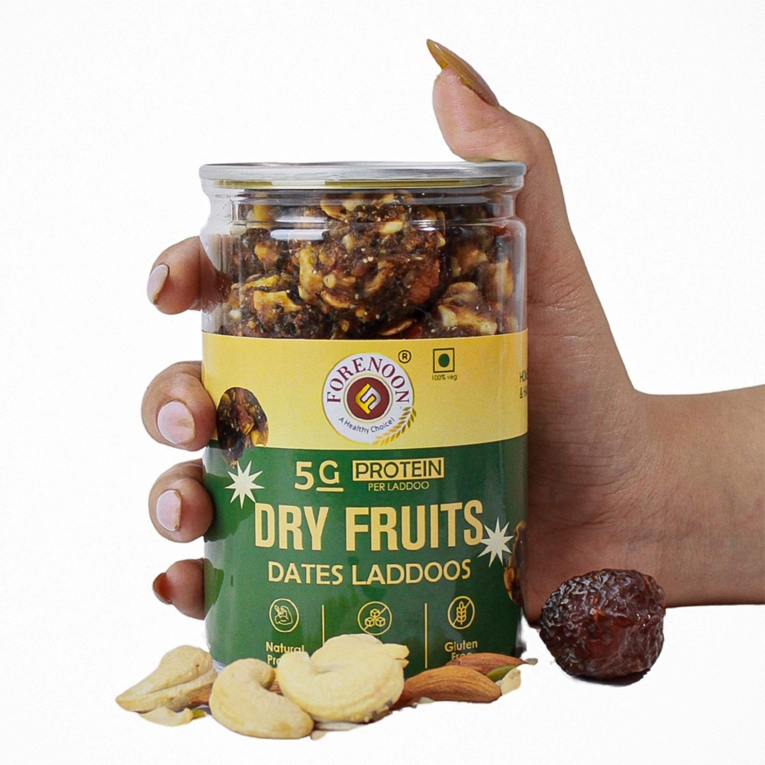 Fore Noon Dry Fruits Protein Dates Laddu | 5g Protein Each | Sugar-Free & Gluten-Free | Handmade with Khajur, Nuts & Berries | Rich in Protein, Fibre & Antioxidants | Boosts Immunity & Energy | Perfect Family Snack Box | Pack of 2 (450 GM) 4