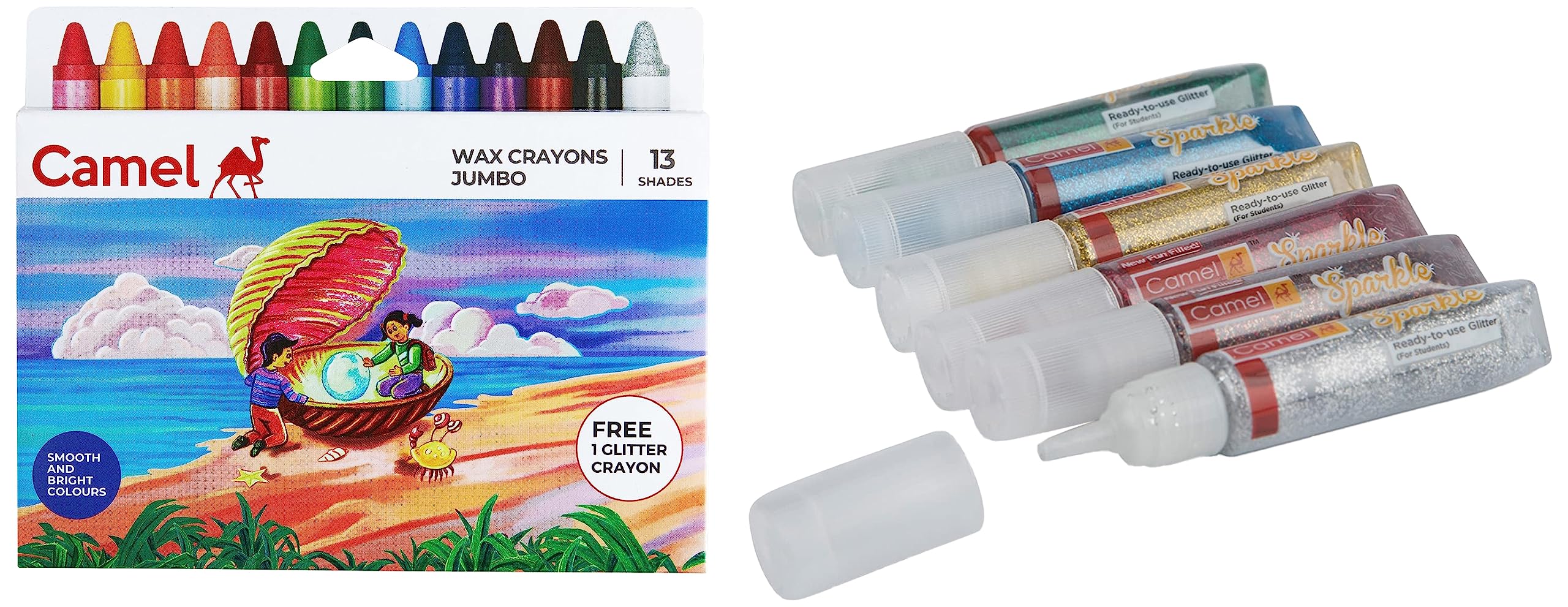 Camel Wax Crayons + 1 Glitter Shade Free - 12 Shades & Camlin Kokuyo Sparkle Color - 5ml each, 6 Shades