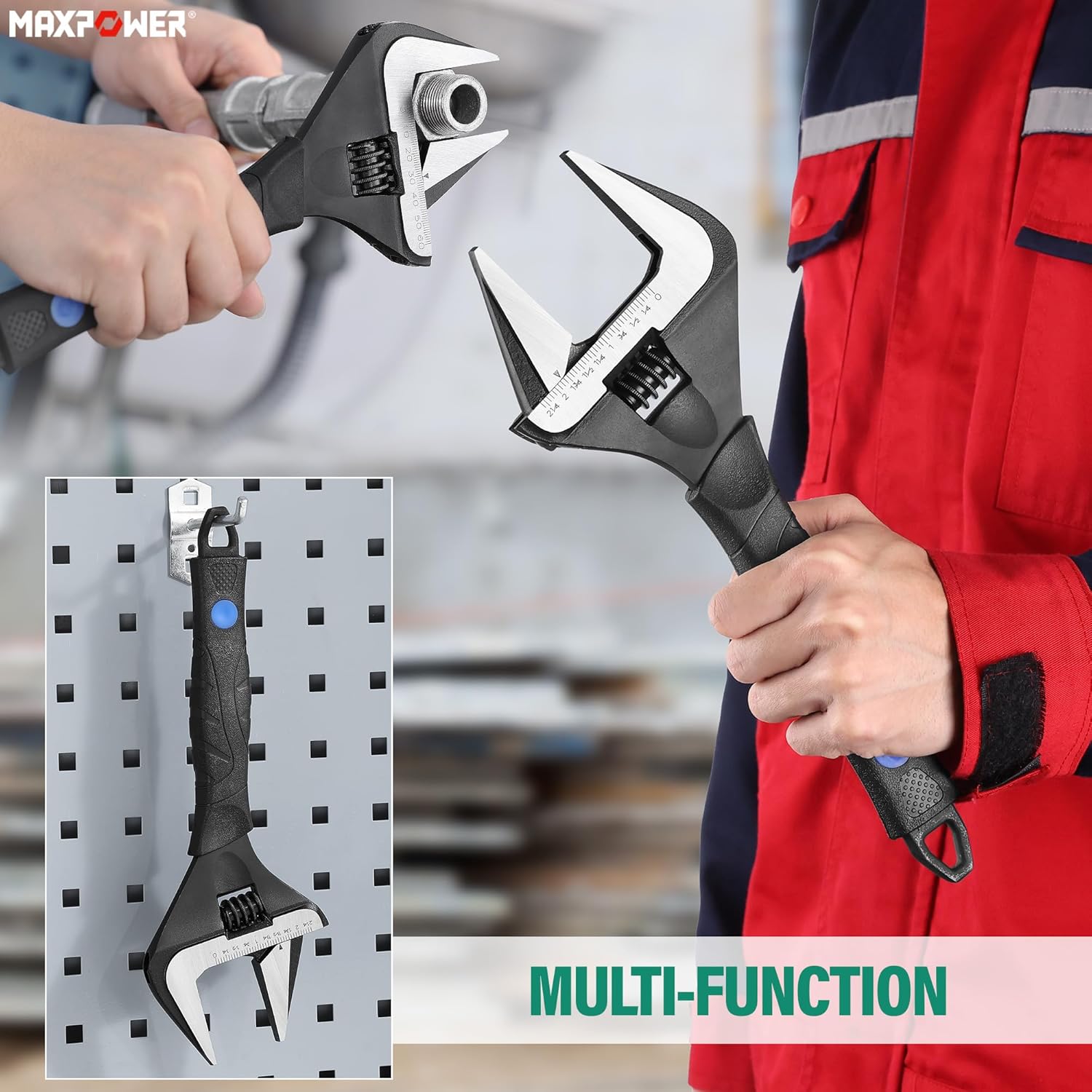 MAXPOWER 12 inch Adjustable Wrench, Wide Jaw Capacity 2.4 inch (60 mm)