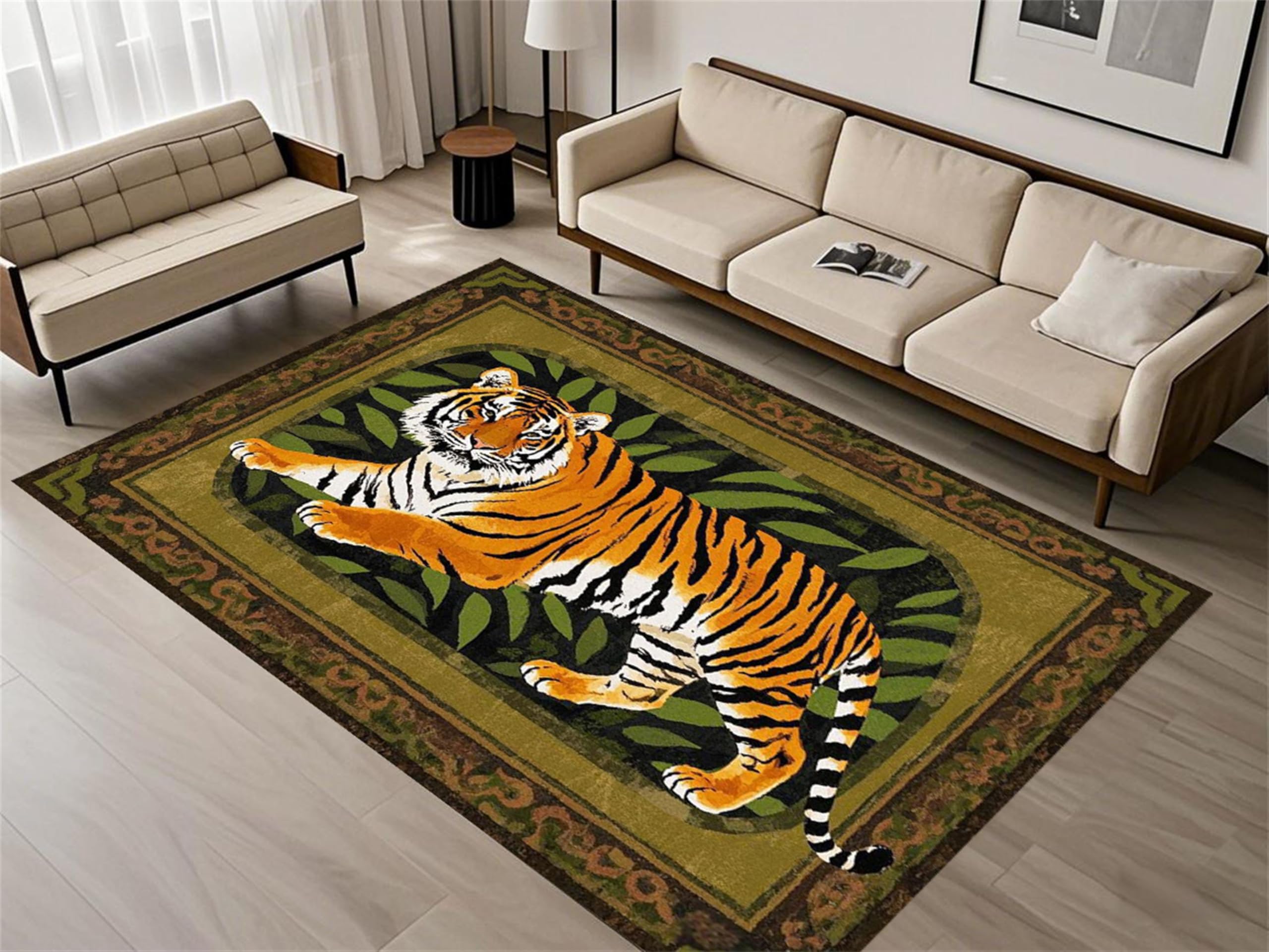 YJDRUG Tiger Area Rug,100x150cm, Tiger Print Rug,Tiger Themed Stylish Rug, Bohemian Vintage Tiger Print Rug, Non-Slip Washable Rug for Living Room Bedroom Dining Room Kids Room Decoration