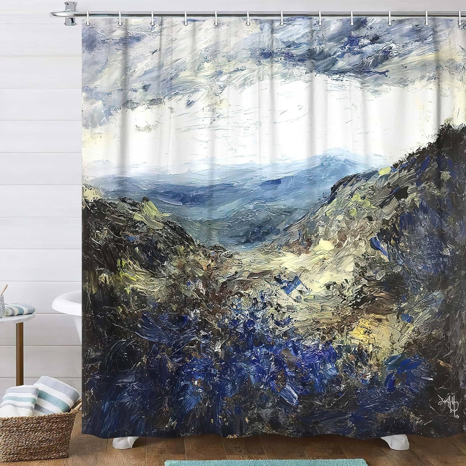 Oil Painting Abstract Shower Curtain, Blue Green Grey Moutain Wall Art Shower Curtain, Fabric Modern Waterproof Bathroom Decor with 12 Hooks 60X70