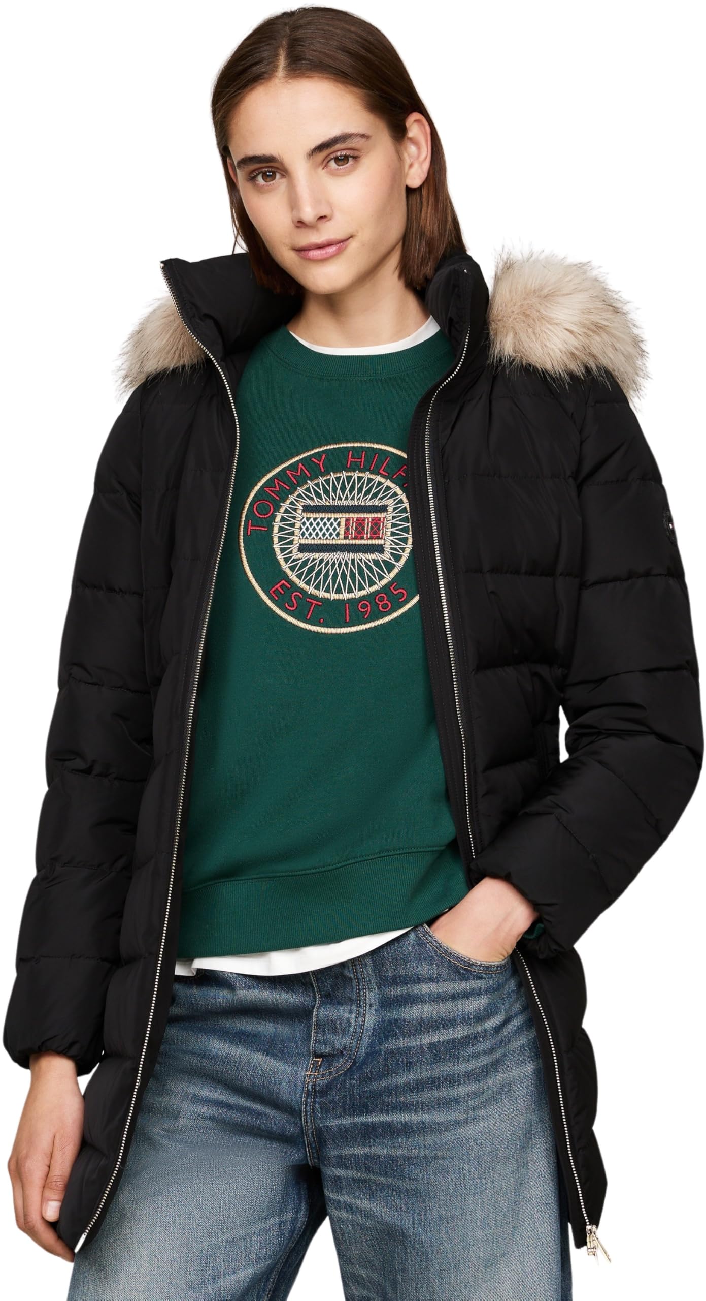 Tommy Hilfiger Women's Heritage Down Tyra Coat with Fur and Pockets, Black (Black), S