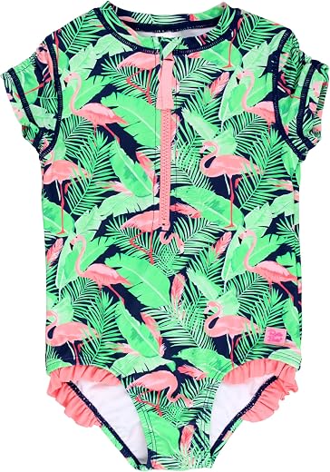 RuffleButts Little Girls Long Sleeve Zipper Rash Guard One Piece w/UPF 50+ Sun Protection