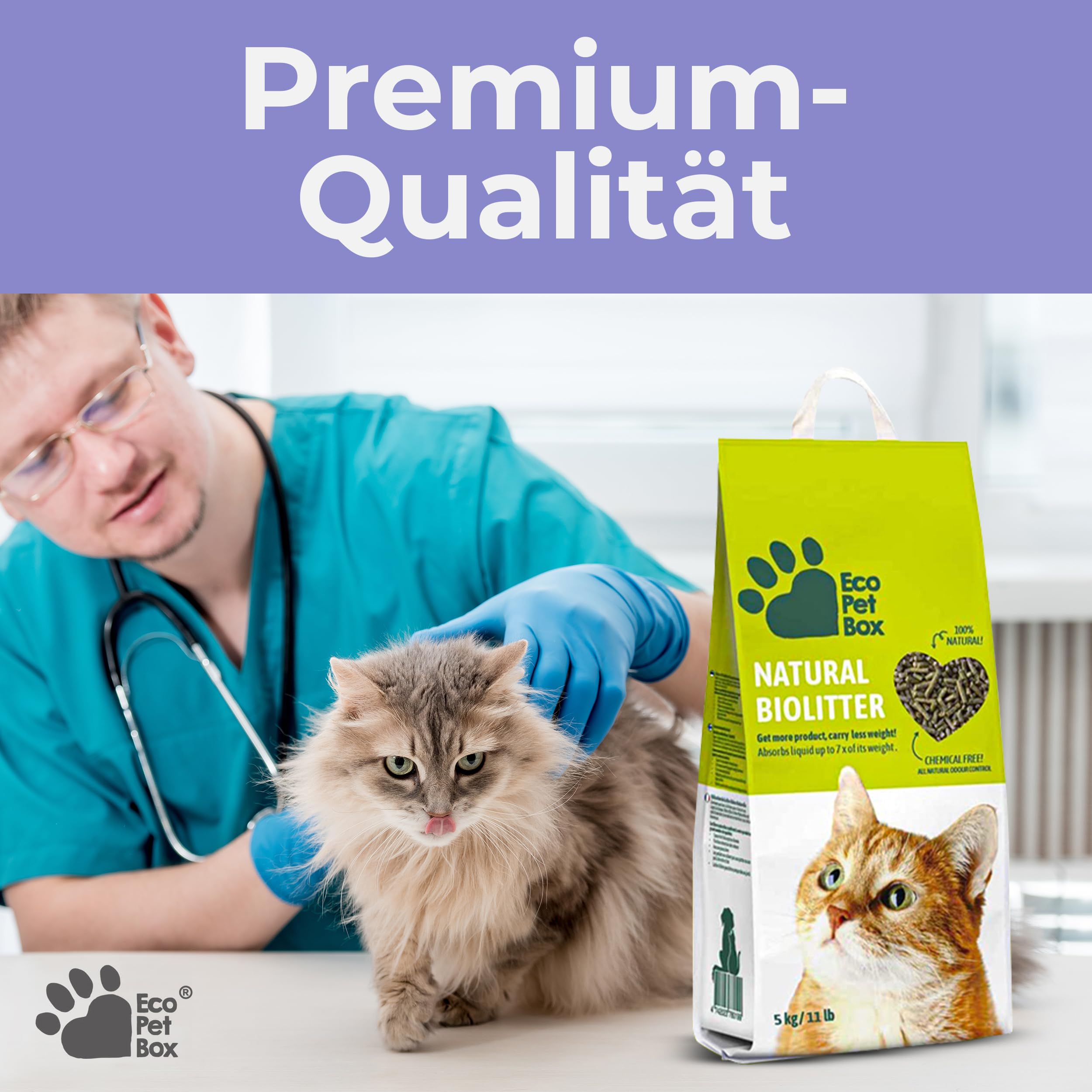 EcoPetBox Litière pour chat bio compostable 15 kg – Non agglomérante pour chats multiples, sans poussière, granulés de bois naturel pur