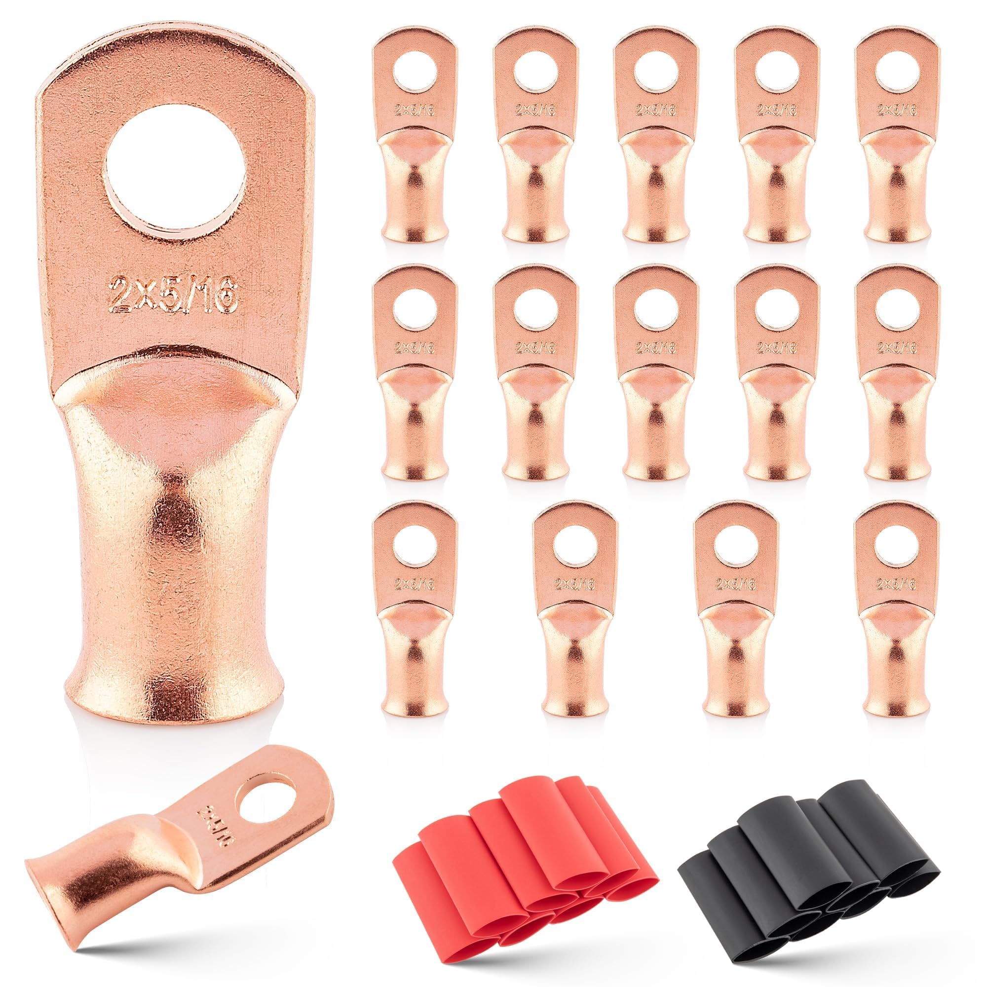 RED WOLF 2 AWG 5/16"(M8) 16 Pcs Wire Lugs Ring Terminal Connectors Ends, 2 Gauge Battery Cable Copper Connector Ring Ends Stud w/Heat Shrink Tubing 3: