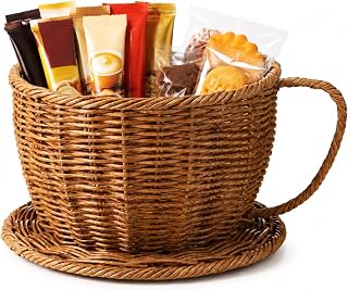 12 x 10 x 5.5 Inch Wicker Saucer Coffee Cup Decorative Basket | Large Willow Mug Shaped Basket, Rattan Saucer Planter Desk Organizer, Unique Tea Cup Gift, Kitchen Office Home Decor