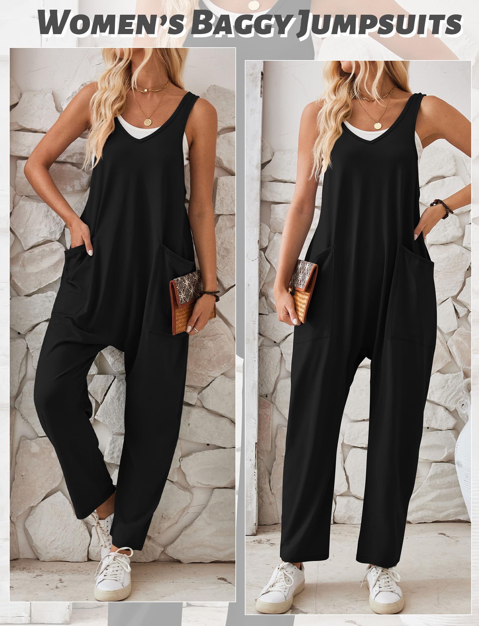 Panegy Salopette da donna in maglia Casual Baggy Salopette senza maniche con tasche Pantaloni pettorina in cotone allentati Jumpsuits