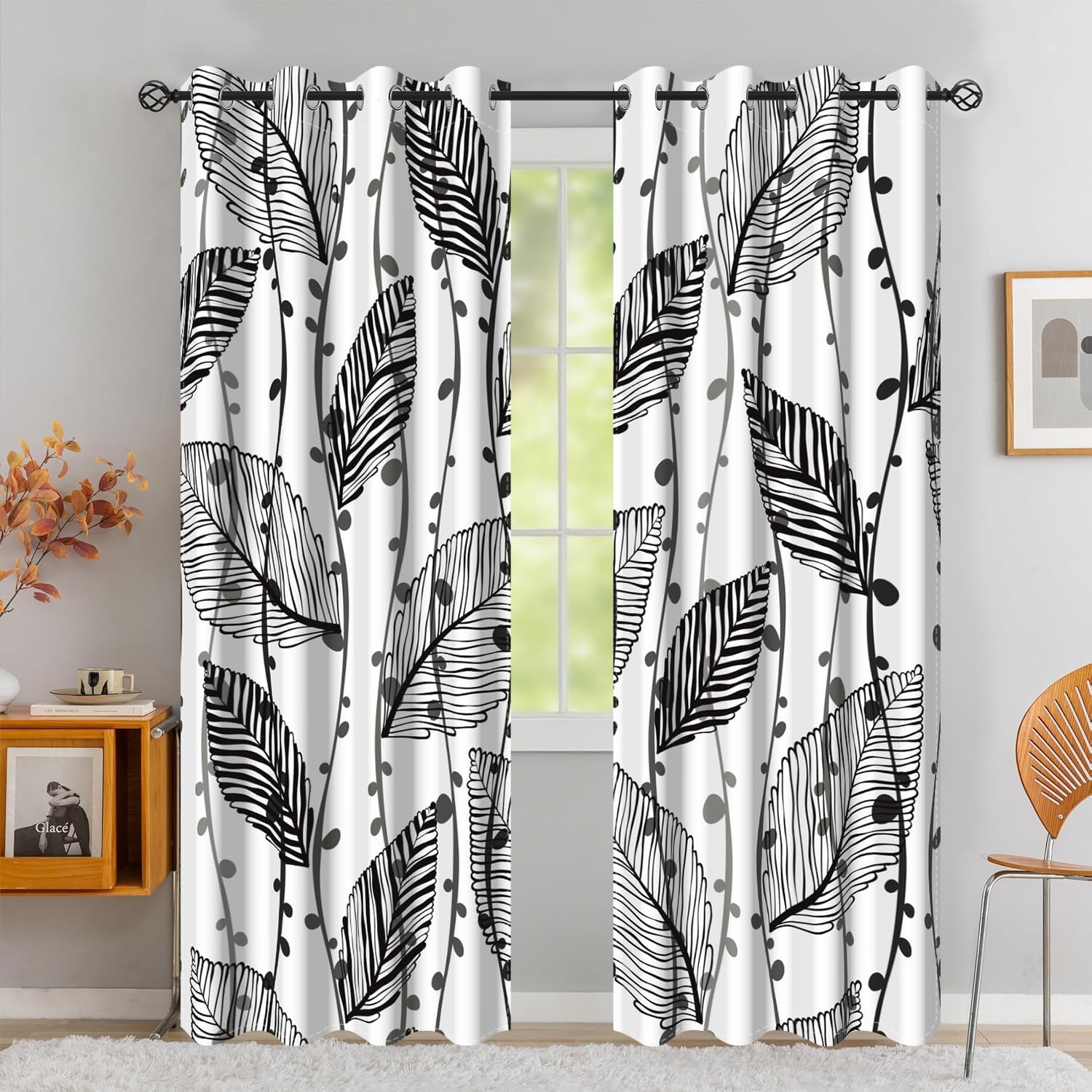 Laeacco Abstract Leaves Blackout Curtains White Modern Minimalist Plant Lines Curtain Drapes Grommet Thermal Insulated Window Curtains for Home Office Bedroom Living Dining Room 42x84 Inch, 2 Panels