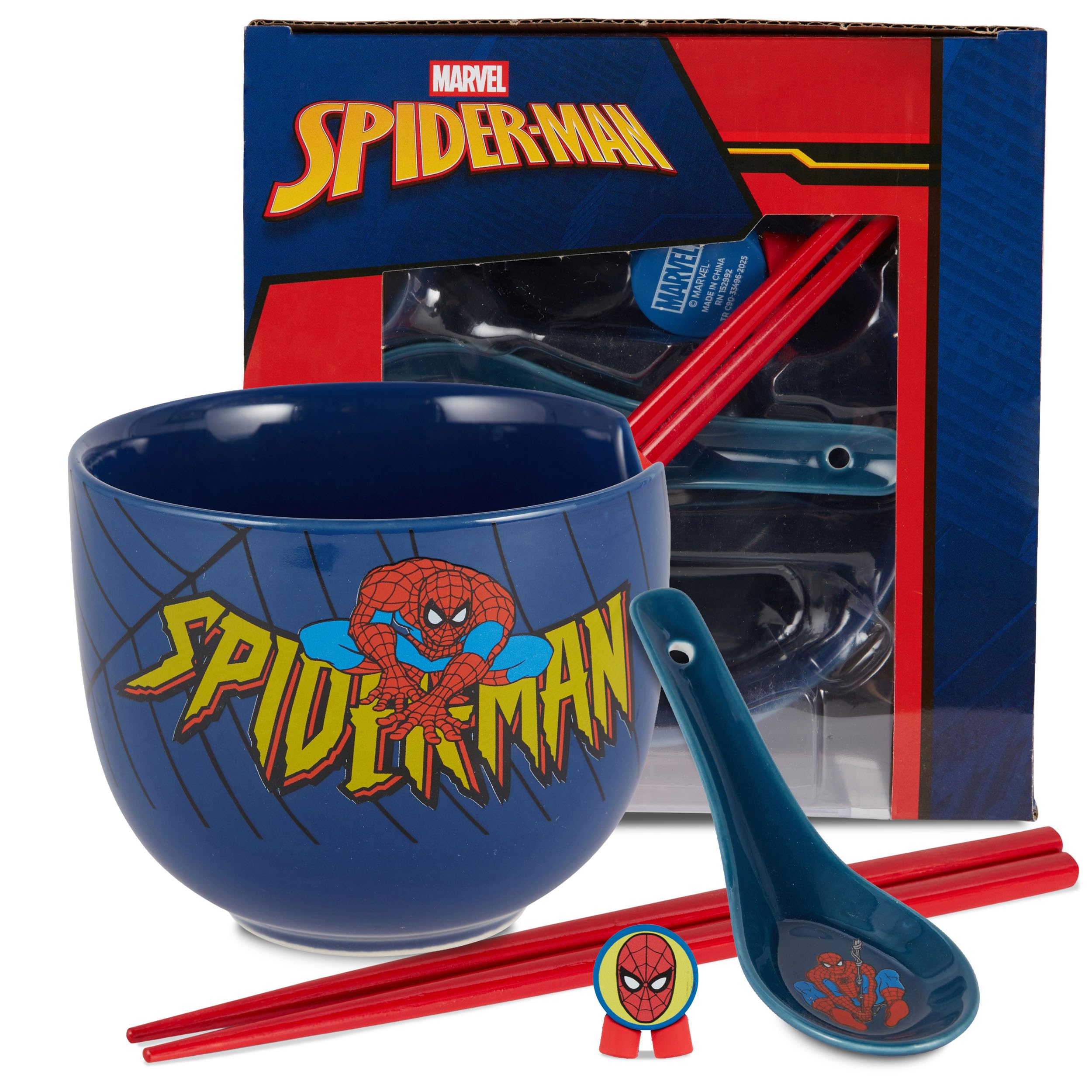 Culture Fly Spider-Man Ramen Bowl Set with Chopsticks and Spoon - 20 oz Ceramic Instant Noodle Bowls with Chopsticks, Ramen Noodle and Rice Bowl, Anime Holiday Gifts for Men