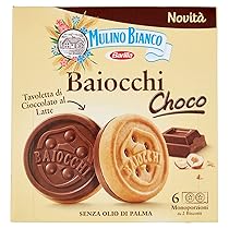 Mulino Bianco Biscotti Baiocchi Choco, Biscotto di Pastafrolla e Tavoletta di Cioccolato al Latte con Nocciole, Ottimi come Snack 144 gr