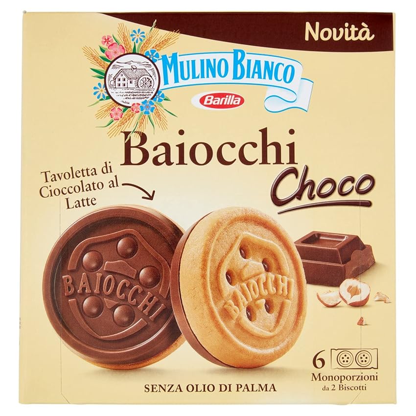 Immagine del prodotto Mulino Bianco Biscotti Baiocchi Choco, Biscotto di Pastafrolla e Tavoletta di Cioccolato al Latte con Nocciole, Ottimi come Snack 144 gr