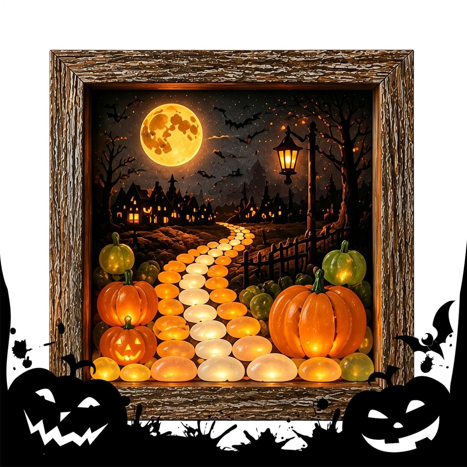 Caja de recuerdos de Halloween iluminada con marco de madera y piedras decorativas